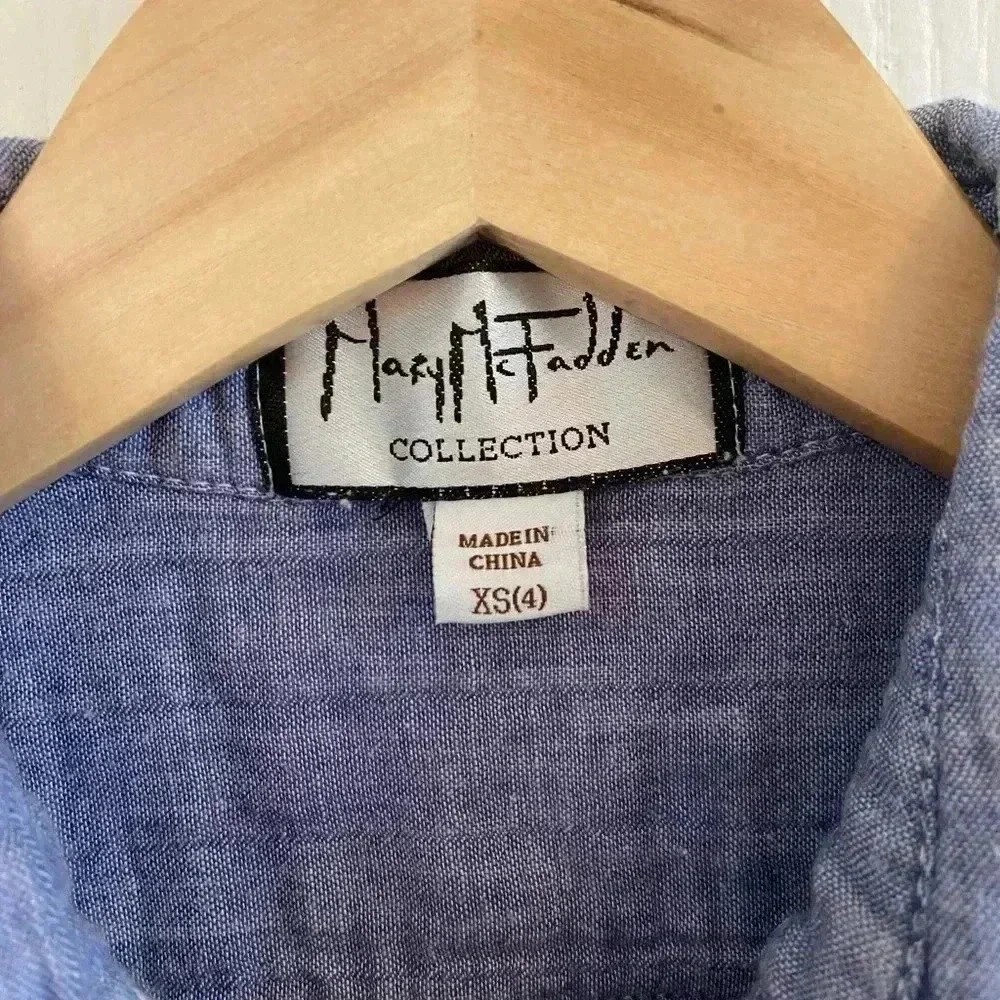 Mary McFadden Womens Blue Chambray Button Down Shirt